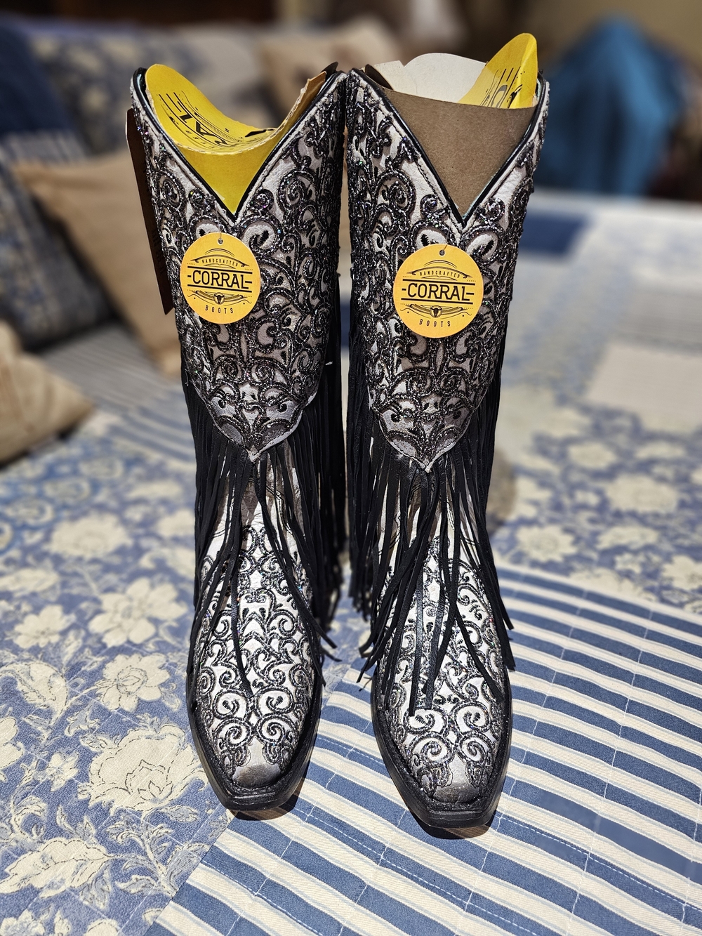 Corral Silver & Black Embroidered Fringe Cowboy Boots